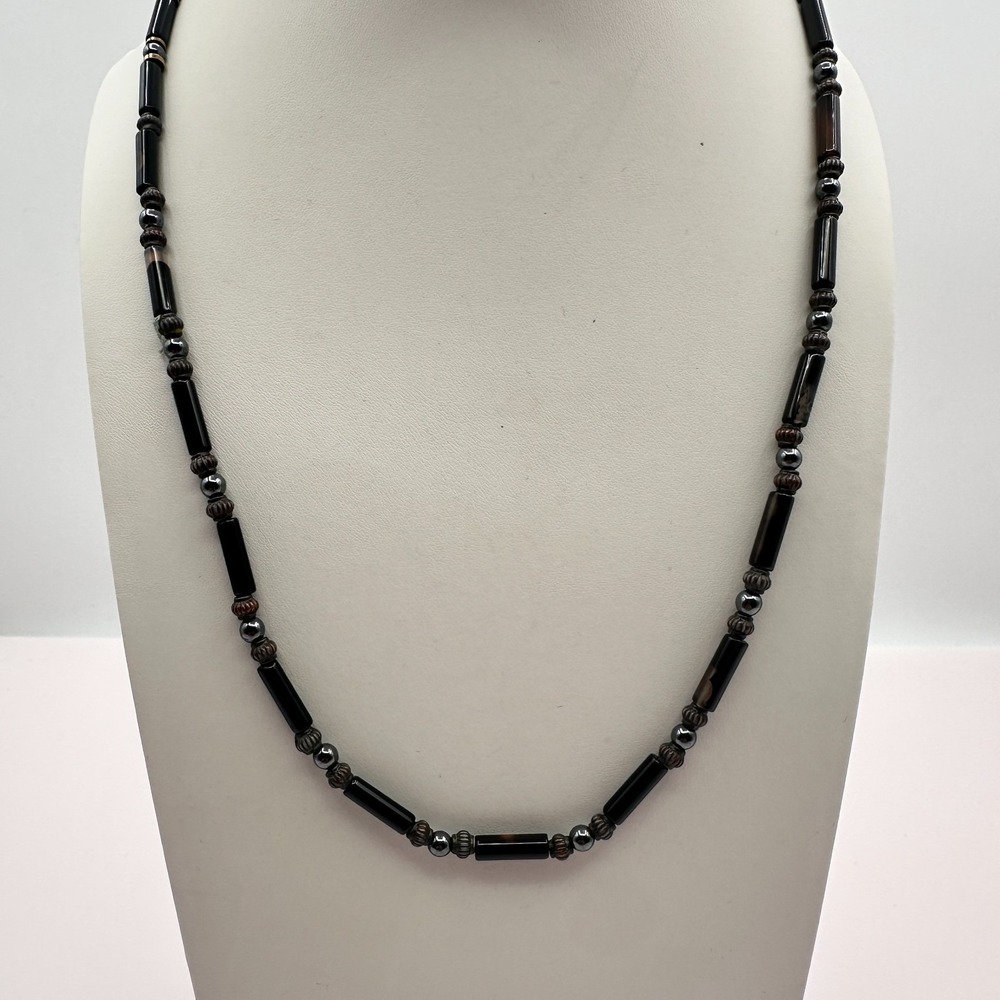 Vintage 90s Black Tube Beaded Necklace Boho Statement Women's Classic Jewelry